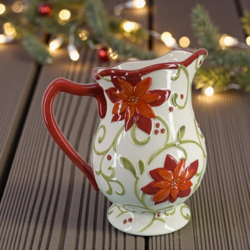 ELITE -- Christmas Poinsettia Pitcher, Large Red Flowers/Green Vines, Vintage